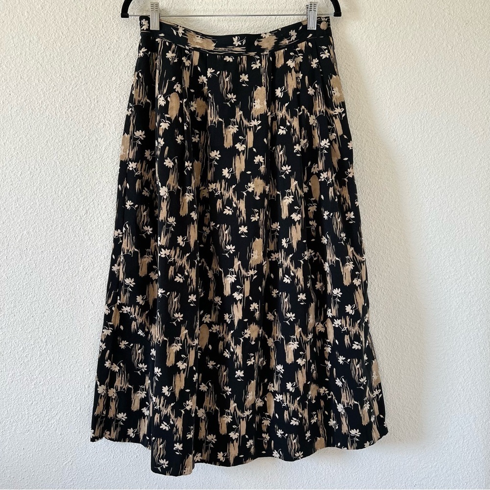 BICE VTG Women’s Midi Maxi Skirt 12 Black Beige Floral Print Pockets Modest